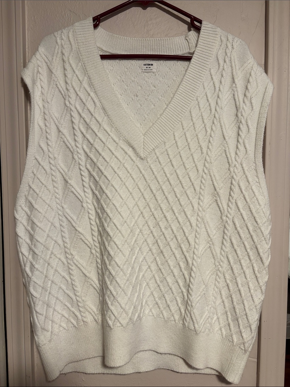 Cotton On White Cable-Knit V-Neck Sweater Vest